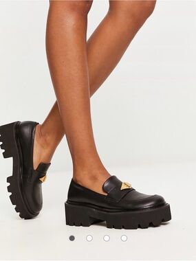 Charles & Keith Black Leather Slip-On Chunky Loafers with Gold Emblem Size 38